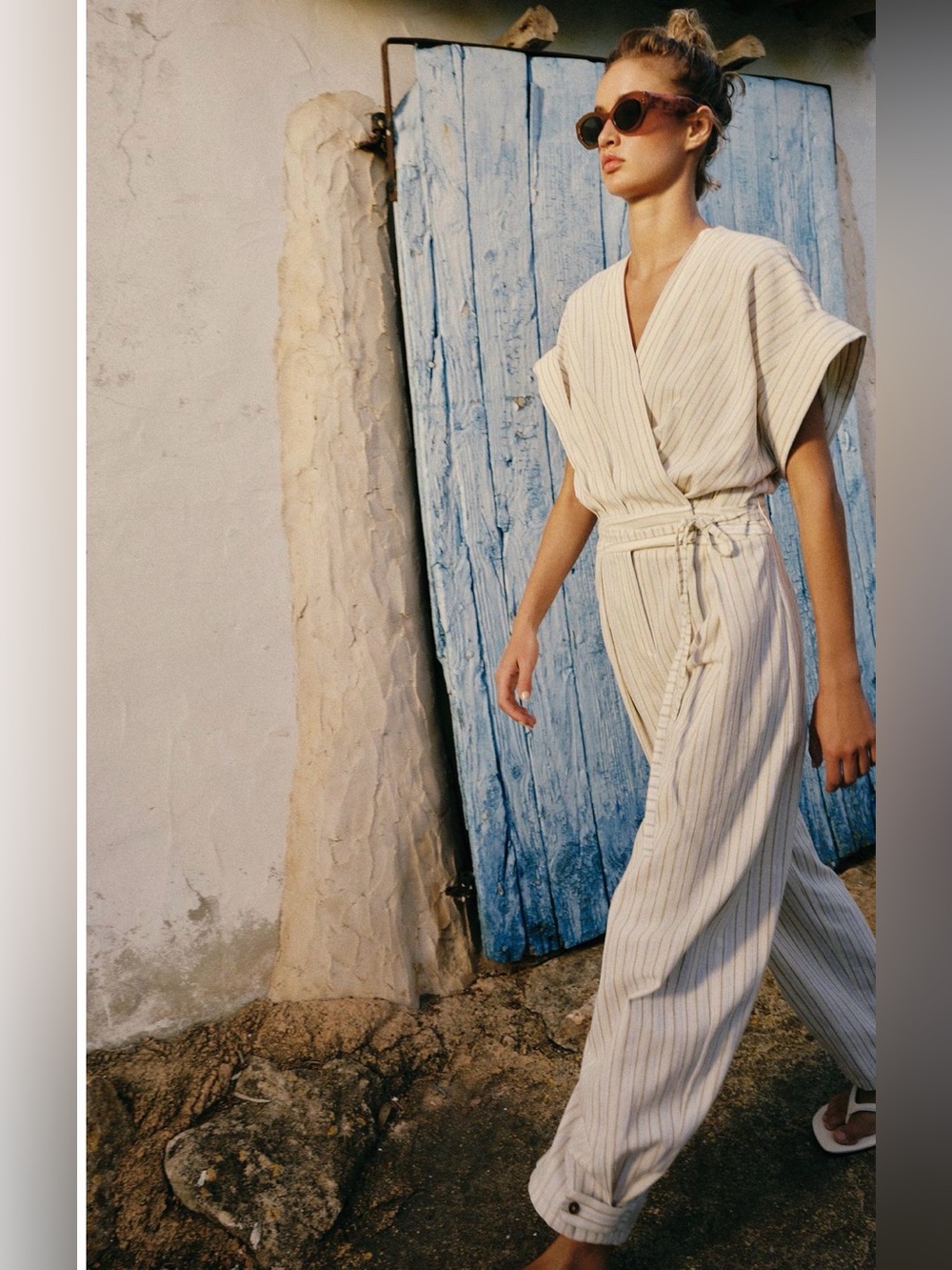 NWT Zara Ecru Cream Striped Belted Wrap-Front Jumpsuit Small 3074/119/080